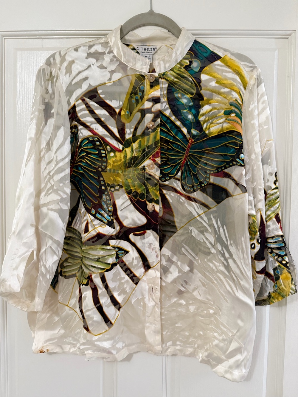 Citron Butterfly & Leaf Silk Button-Down Shirt - White, Green, Teal